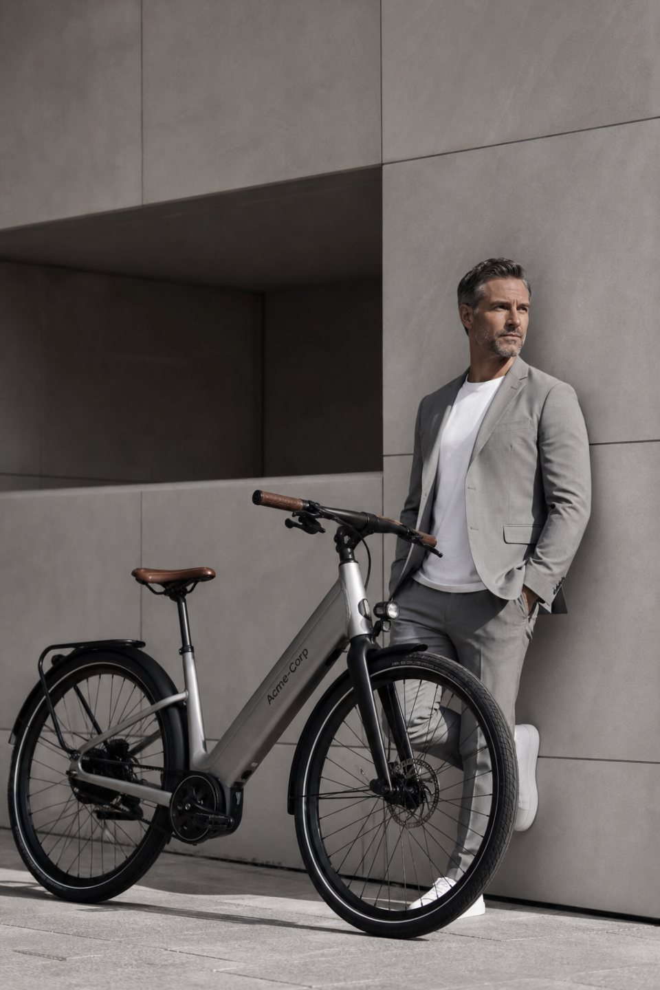 Propriétaire d'un vélo Acme-Corp en environnement urbain